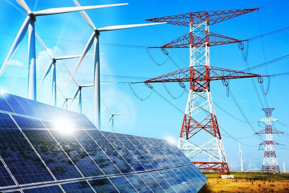 Modern electric grid lines and renewable energy concept with photovoltaic panels and wind turbines